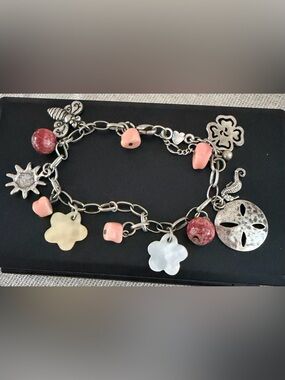 American Eagle Charm Bracelet with Pink Beads and Mother-of-Pearl Flower Charms